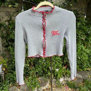 Local Heroes red and gray cardigan sweater